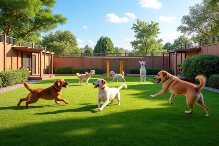 Outdoor play yard with dogs